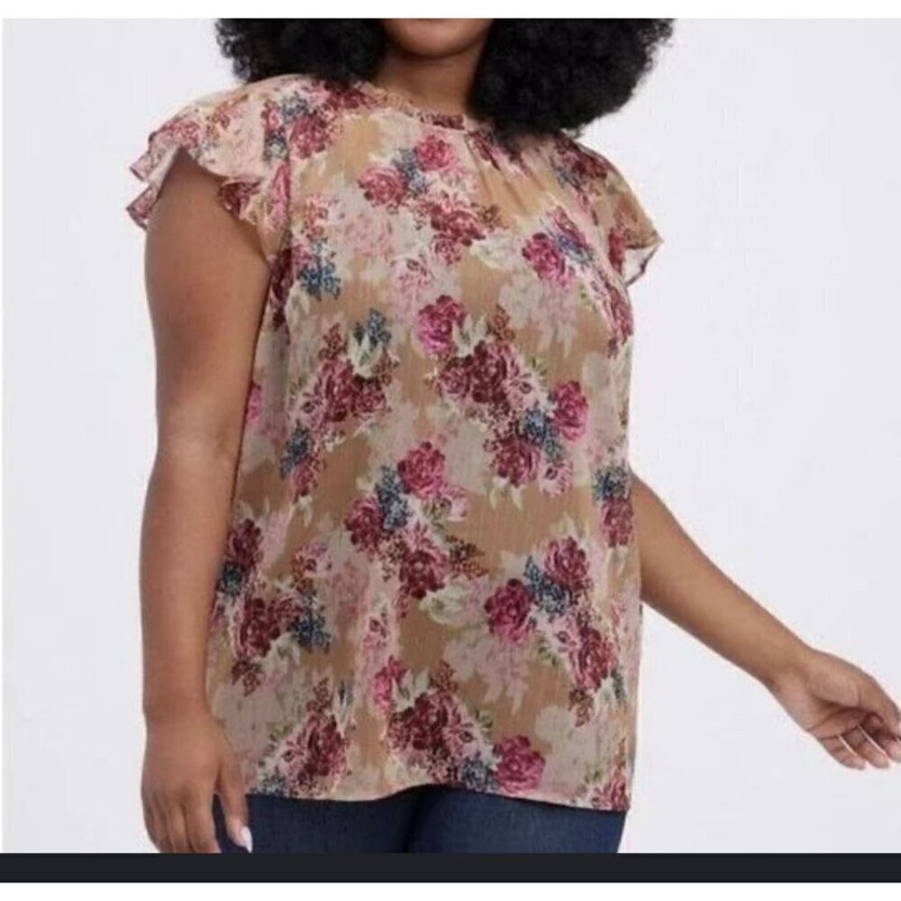 Floral Ruffle Sleeve Women's Top - Beige Pink Multi
